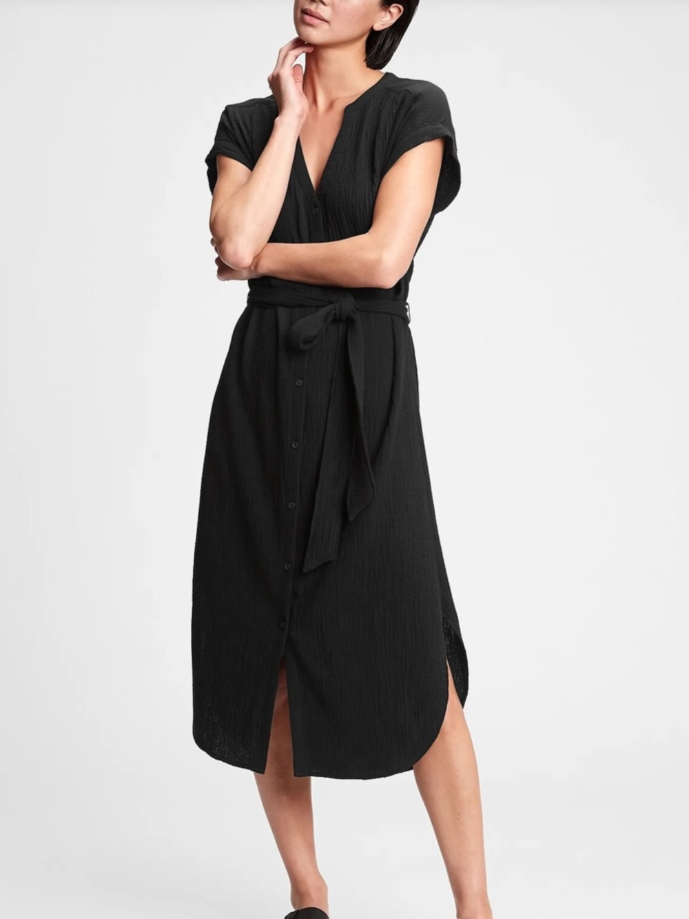 GAP Black Button-Front Tie-Waist Gauze Midi Dress Small